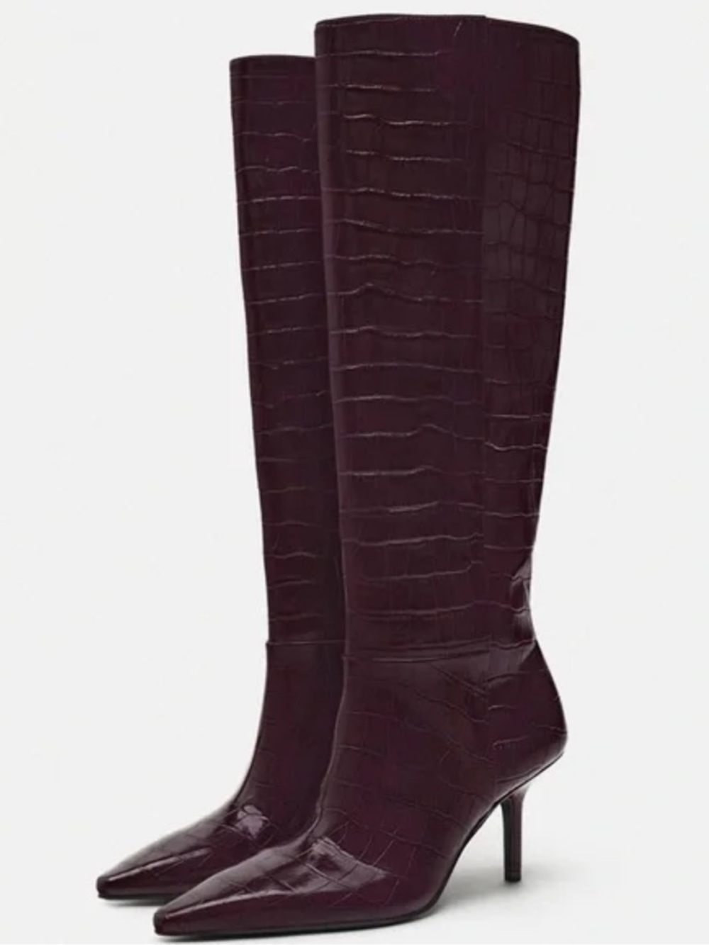 Zara Mock-Croc Knee-High Pointed-Toe Boots in Wine